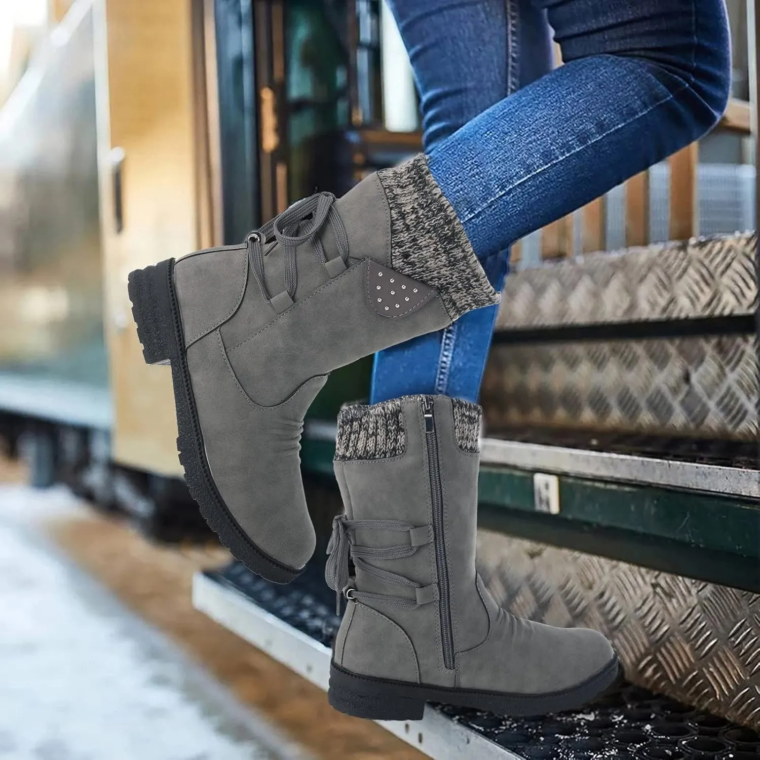 AMDBEL Boots For Women Cowboy Style, Chelsea Boots Women Flower Embroidery Mid Calf Chunky Platform Boots Cowgirls Boots
