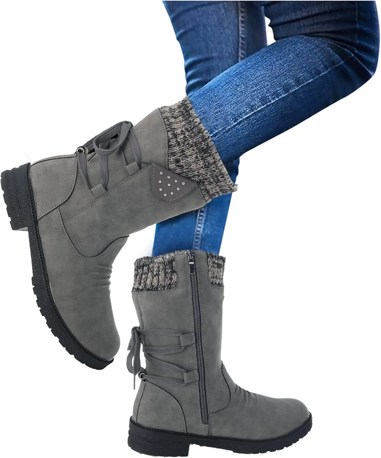 AMDBEL Boots For Women Cowboy Style, Chelsea Boots Women Flower Embroidery Mid Calf Chunky Platform Boots Cowgirls Boots