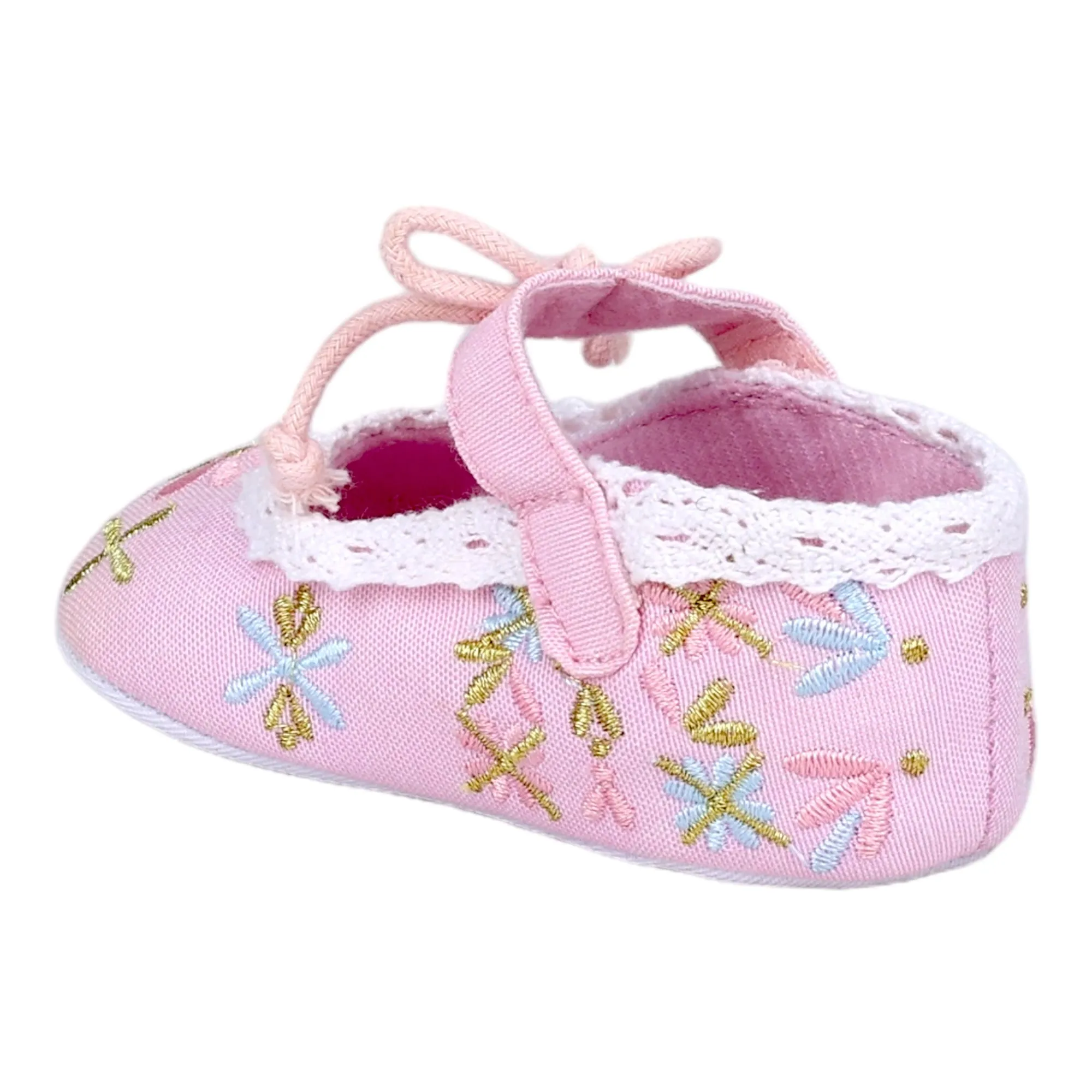 Baby Moo Fancy Floral Embroidered Velcro Straps Anti-Skid Booties - Pink