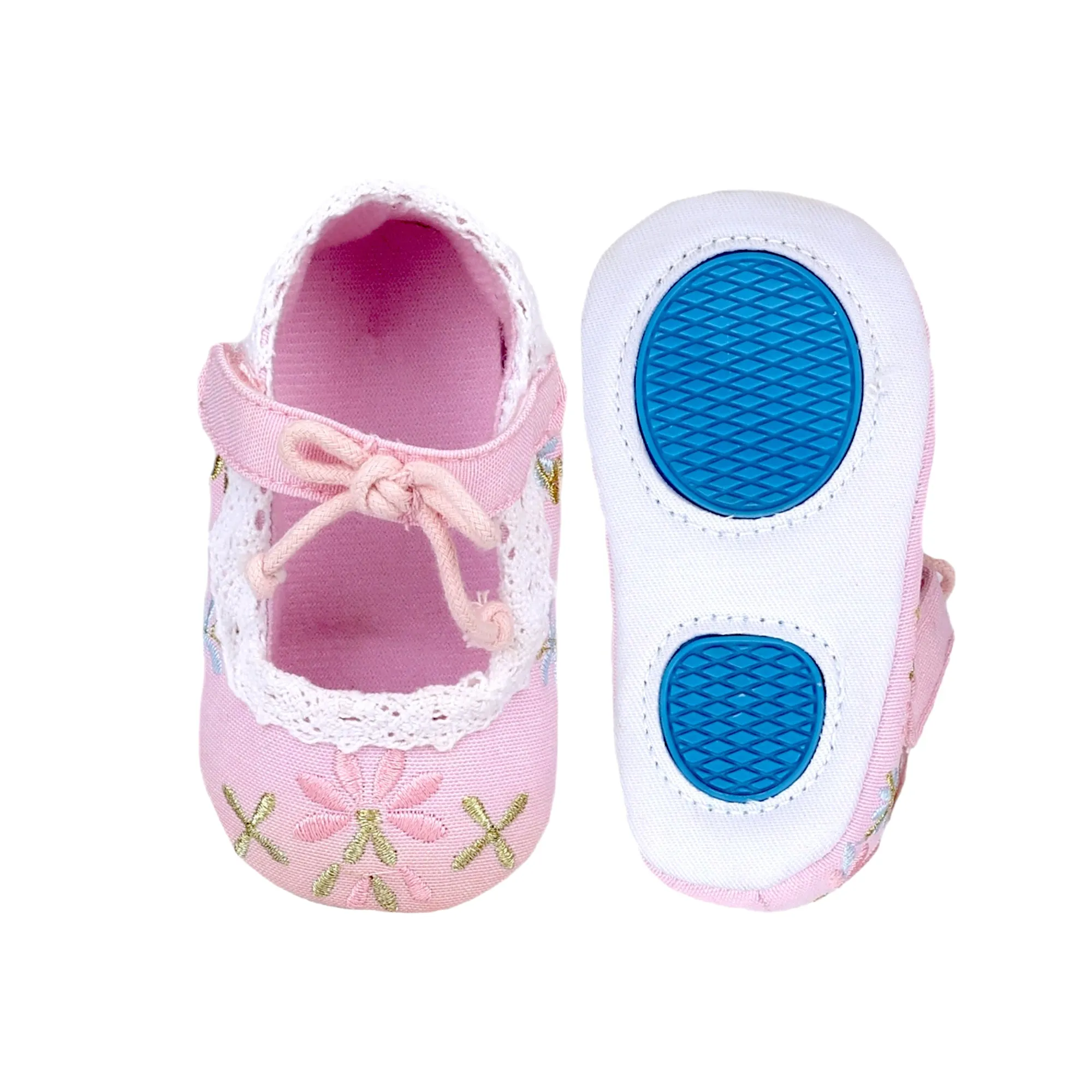 Baby Moo Fancy Floral Embroidered Velcro Straps Anti-Skid Booties - Pink