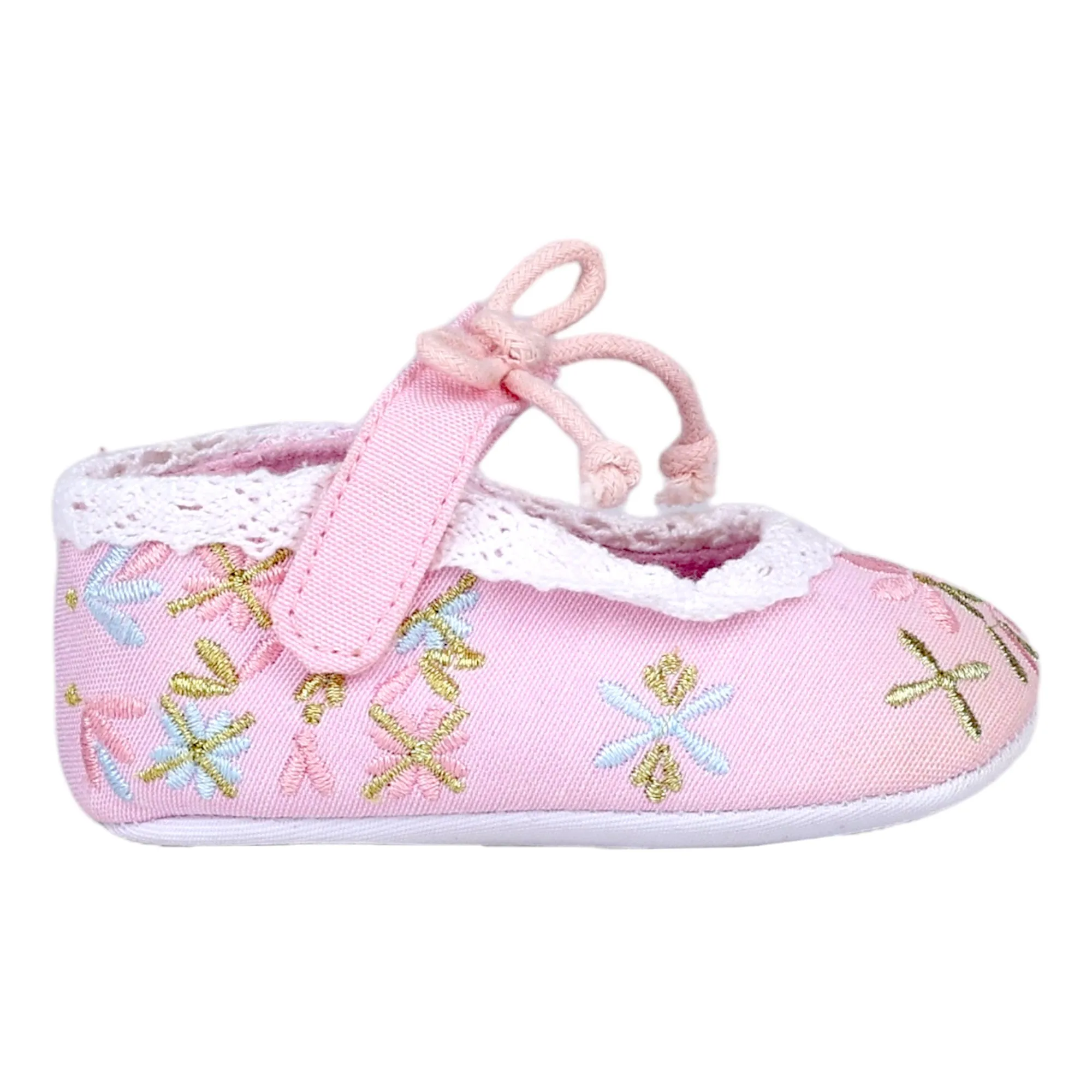 Baby Moo Fancy Floral Embroidered Velcro Straps Anti-Skid Booties - Pink