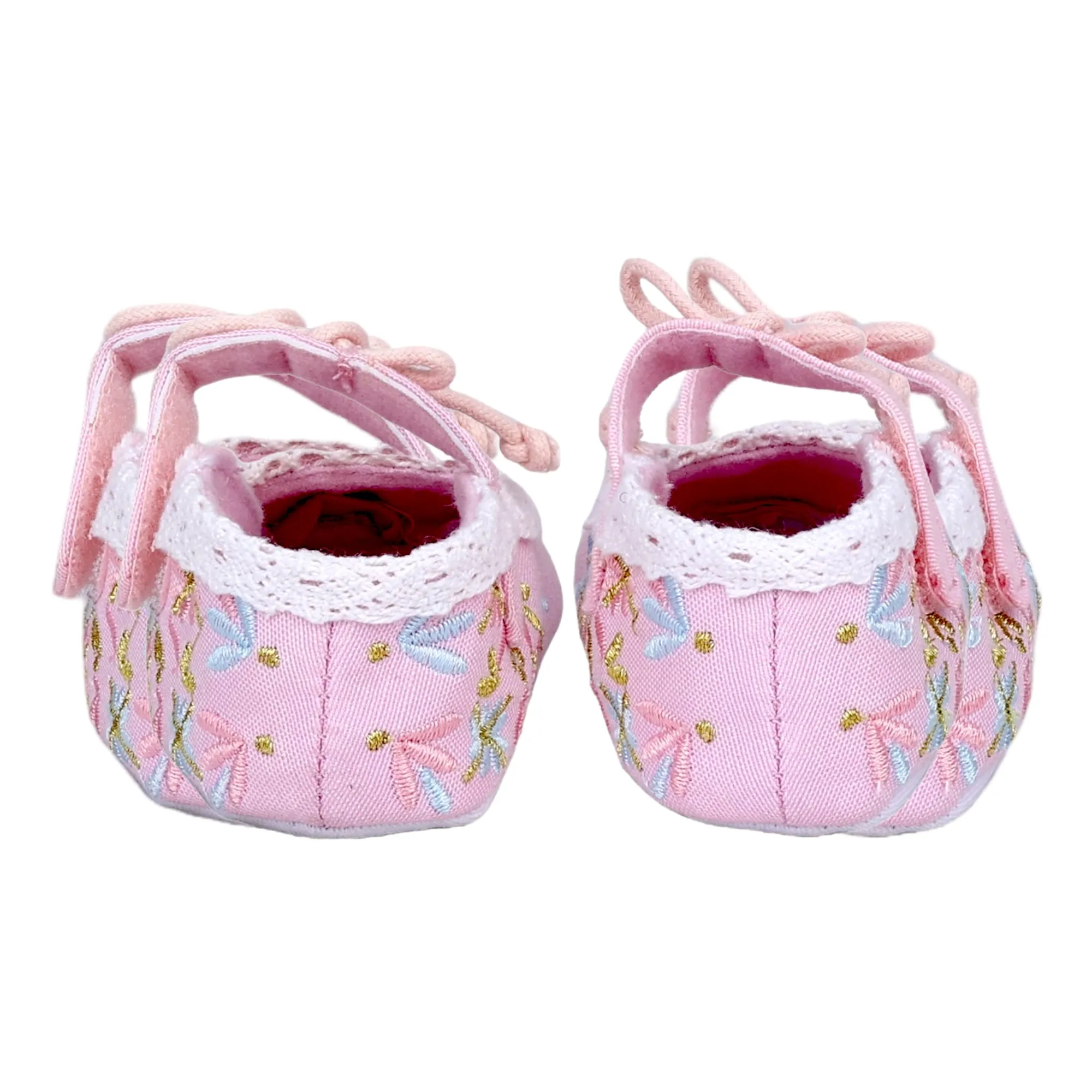 Baby Moo Fancy Floral Embroidered Velcro Straps Anti-Skid Booties - Pink