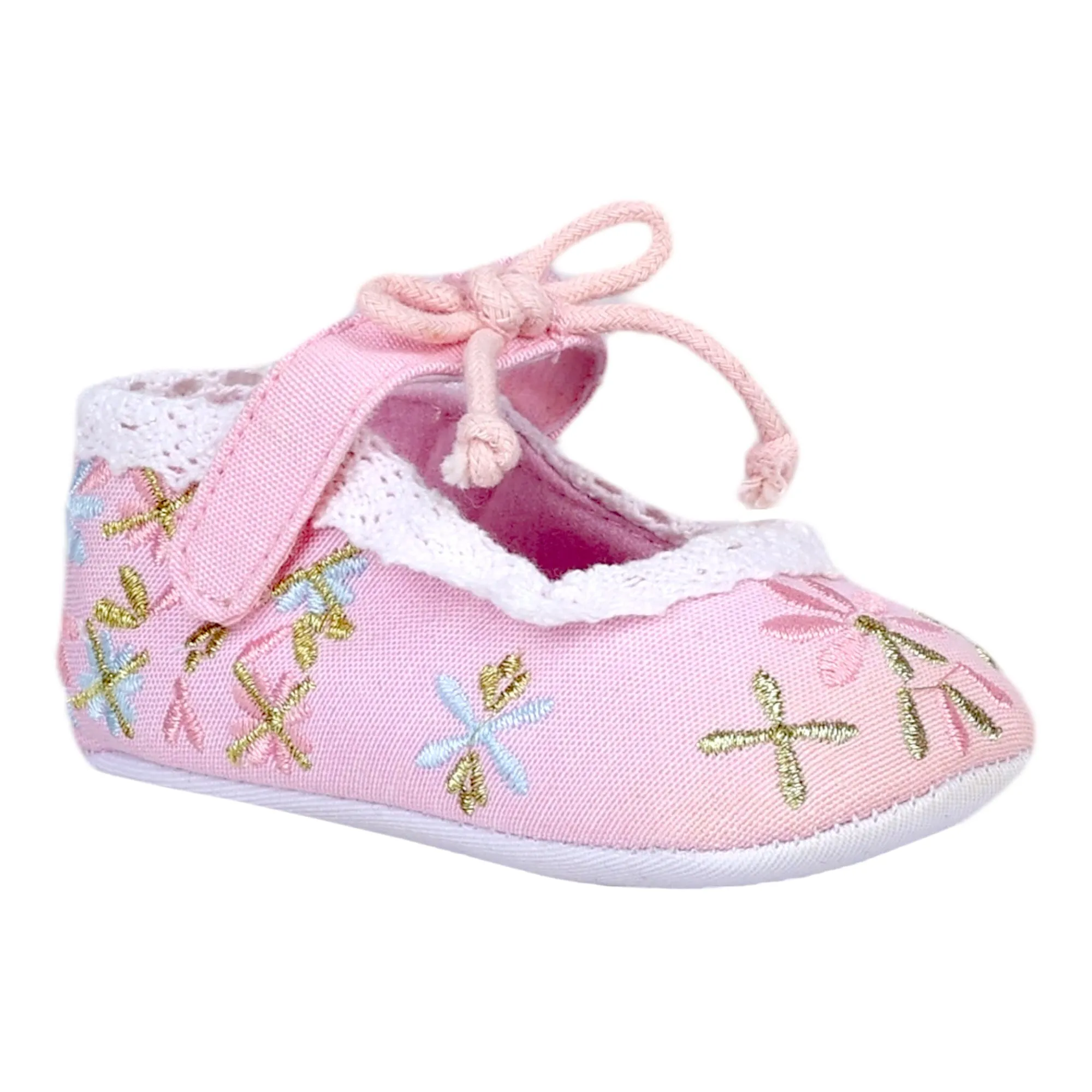 Baby Moo Fancy Floral Embroidered Velcro Straps Anti-Skid Booties - Pink