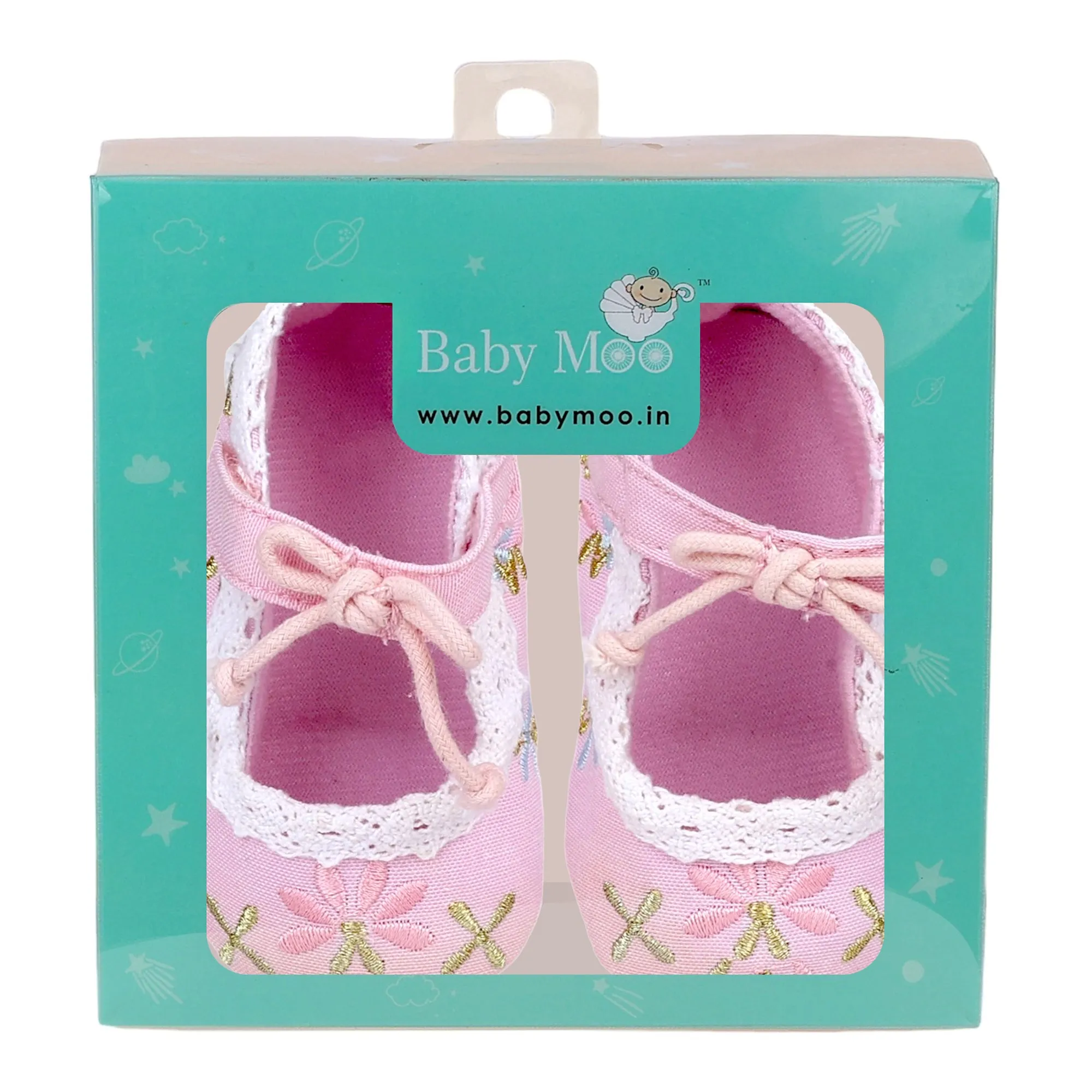 Baby Moo Fancy Floral Embroidered Velcro Straps Anti-Skid Booties - Pink