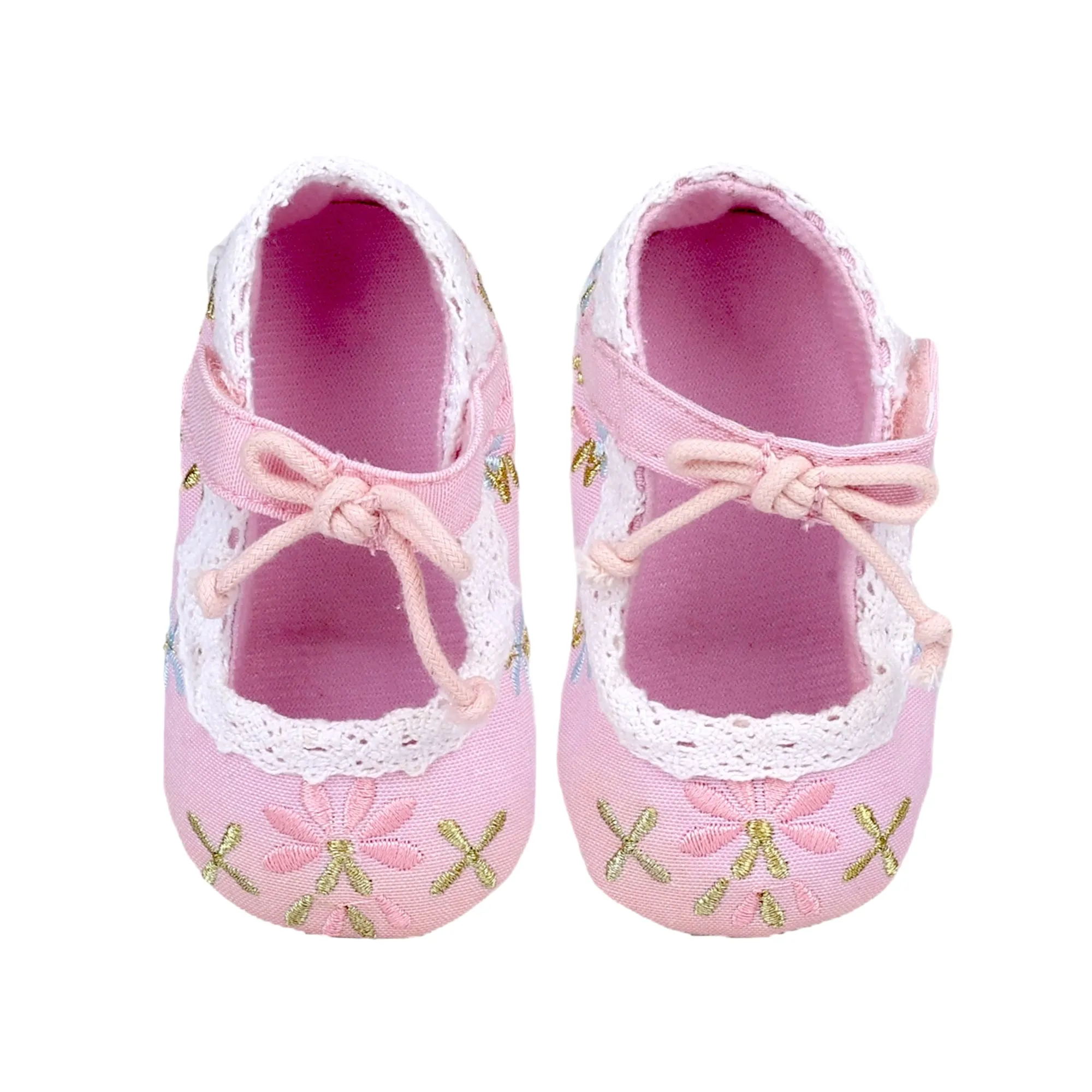 Baby Moo Fancy Floral Embroidered Velcro Straps Anti-Skid Booties - Pink