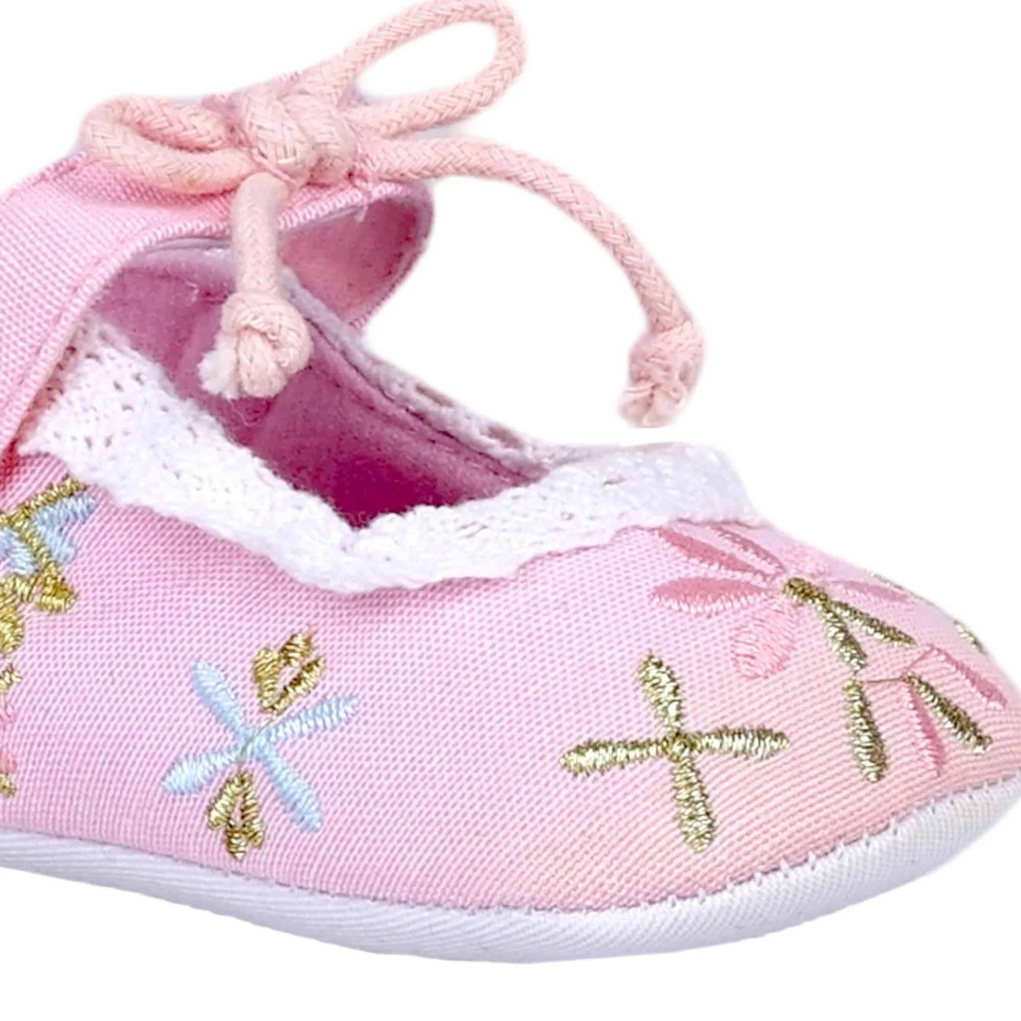 Baby Moo Fancy Floral Embroidered Velcro Straps Anti-Skid Booties - Pink