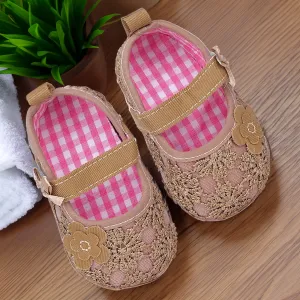 Baby Moo Floral Applique Lace Velcro Strap Ballerina Booties - Gold