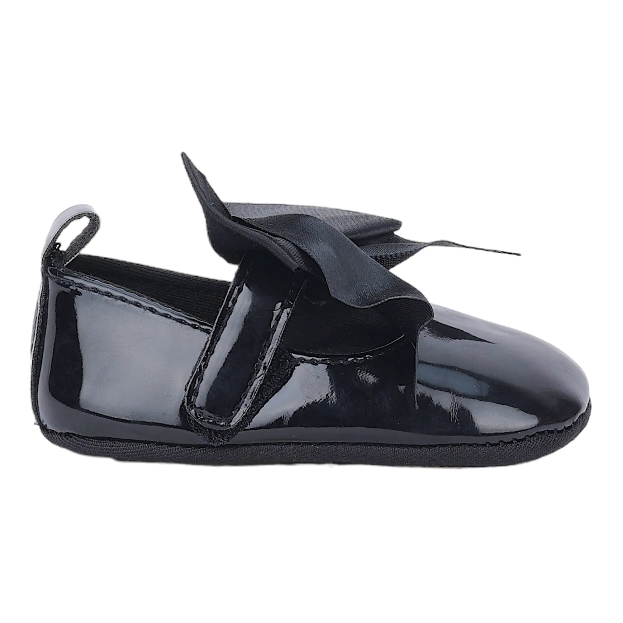 Baby Moo Partywear Patent Leather Big Bow Anti-Skid Ballerina Booties - Black