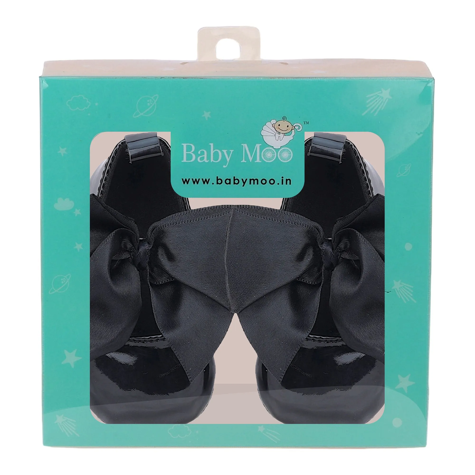 Baby Moo Partywear Patent Leather Big Bow Anti-Skid Ballerina Booties - Black