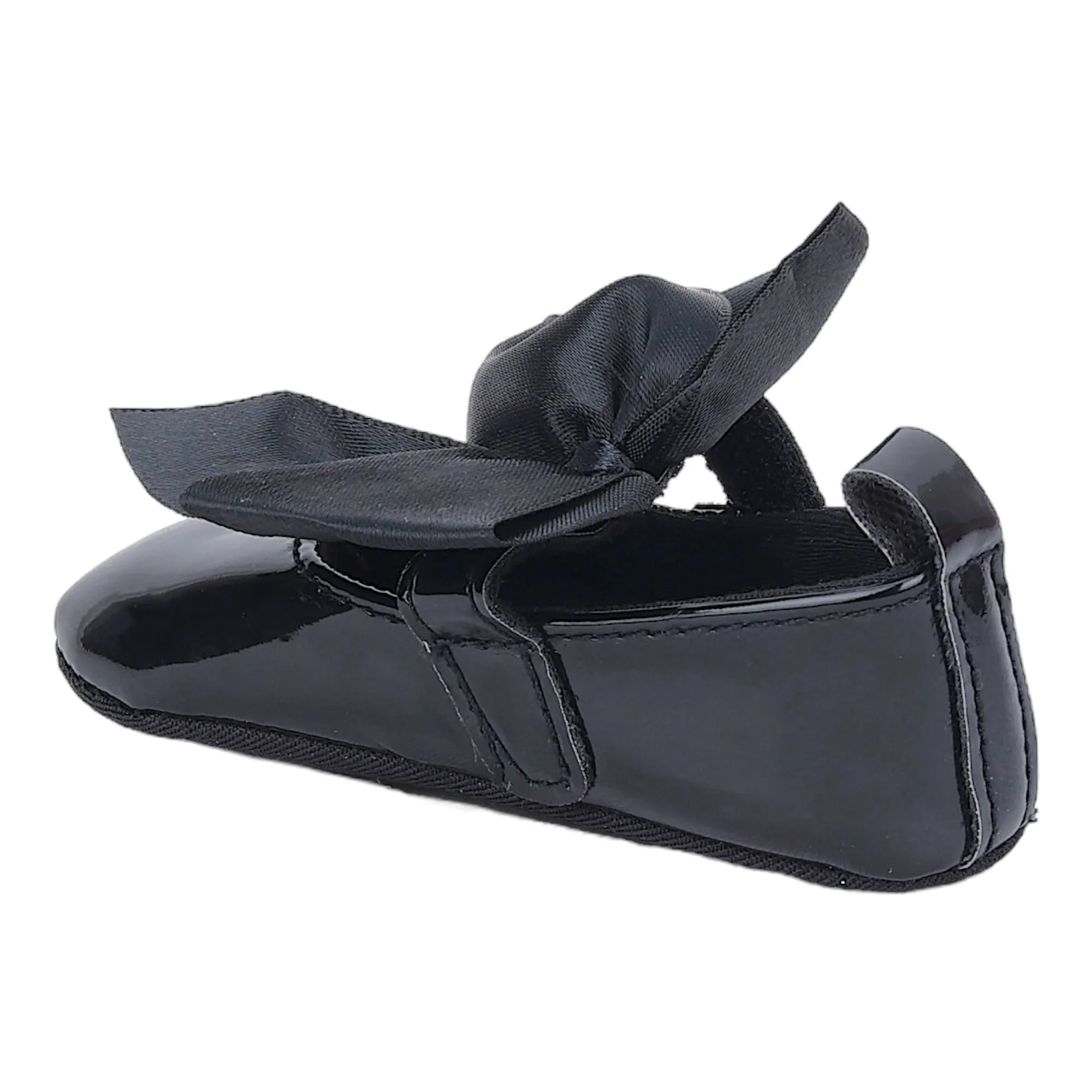 Baby Moo Partywear Patent Leather Big Bow Anti-Skid Ballerina Booties - Black