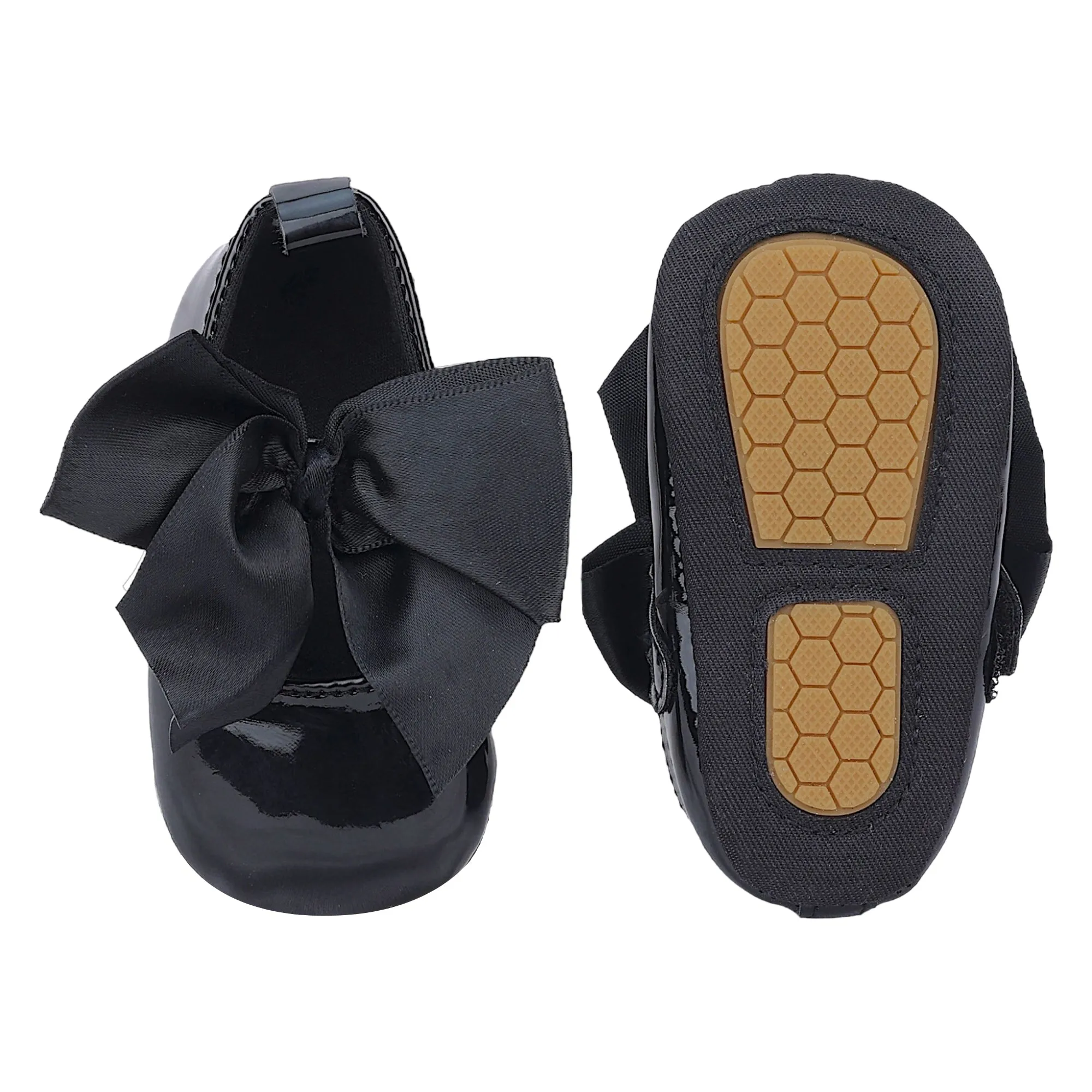 Baby Moo Partywear Patent Leather Big Bow Anti-Skid Ballerina Booties - Black
