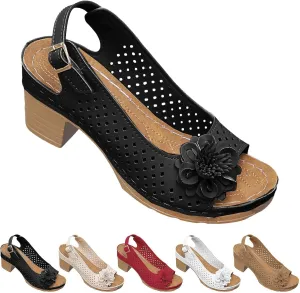 Chunky Block Low Heel Sandals for Women 2025 Open Toe Hollow Out Non Slip Sandals with Floral Decor Comfort Adjustable Ankle Strap Shoes for Daily Wear Lightweight Platform Wedge Shoes