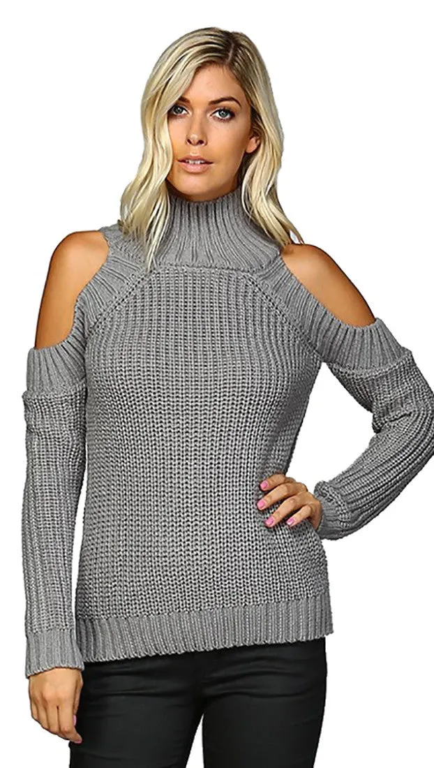 Cold Shoulder Mock Turtleneck Sweater Grey
