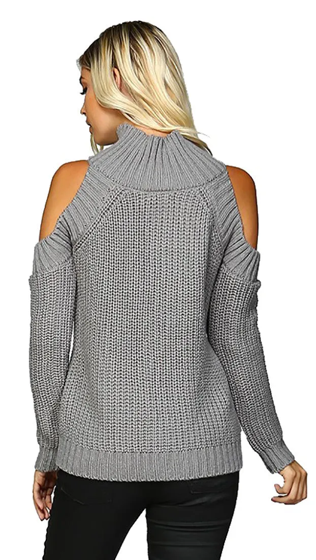 Cold Shoulder Mock Turtleneck Sweater Grey