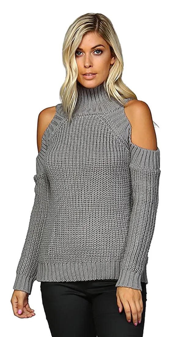 Cold Shoulder Mock Turtleneck Sweater Grey