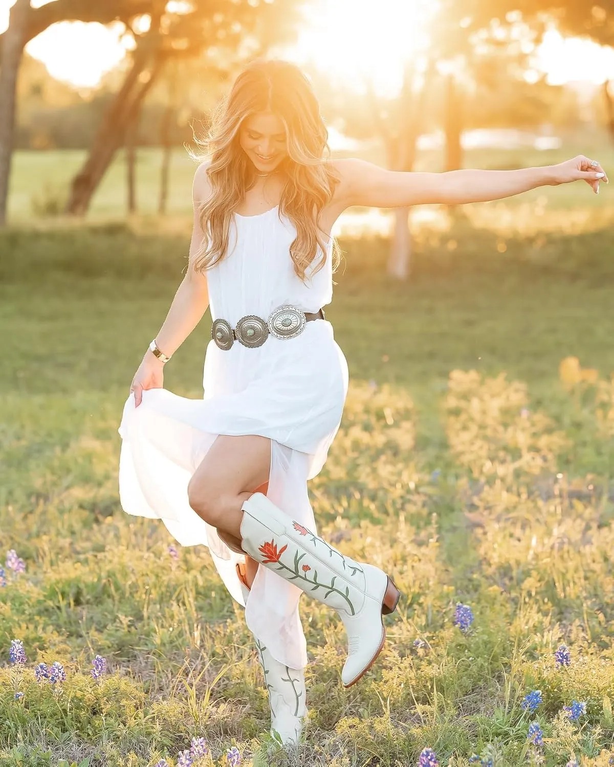 Cowboy Boots For Women, Cute Bluebonnet Floral Embroidered Fashion Country Boots Pointed Toe Chunky Heel Wide Calf Fancy Comfortable Pu Leather, Cowgirl Boots