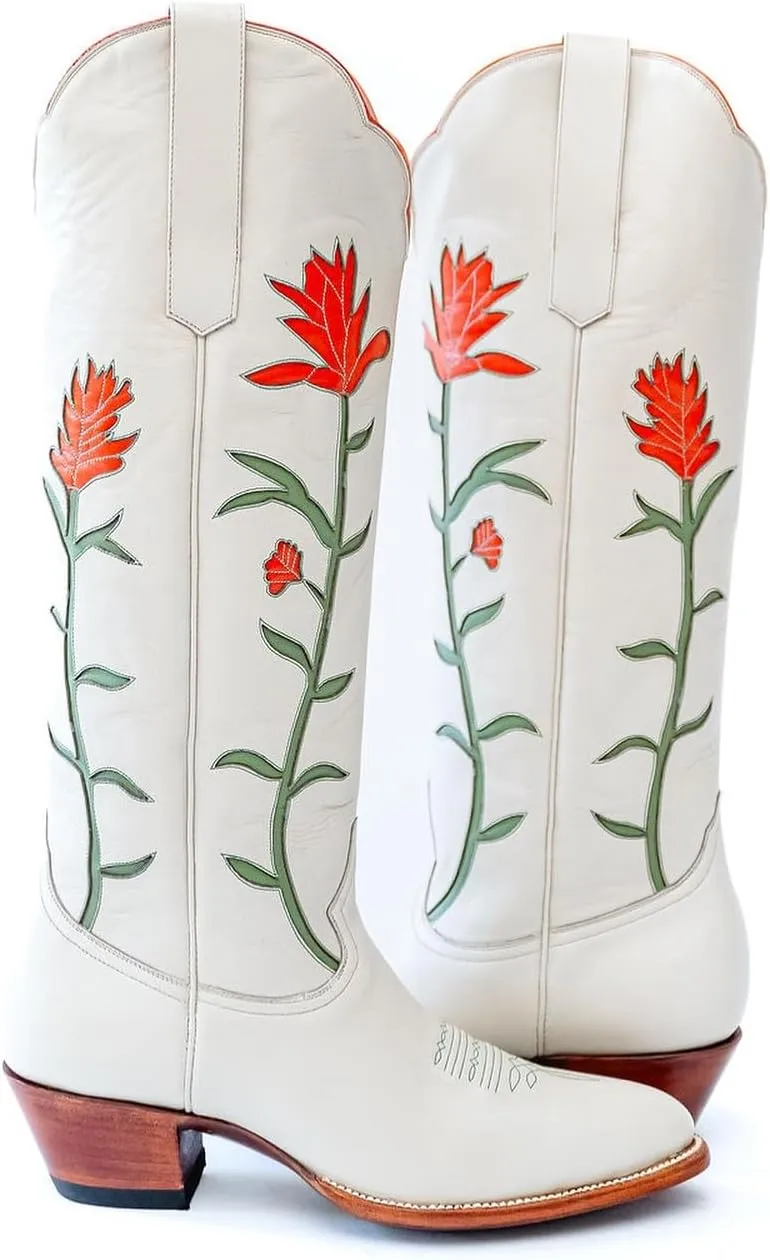 Cowboy Boots For Women, Cute Bluebonnet Floral Embroidered Fashion Country Boots Pointed Toe Chunky Heel Wide Calf Fancy Comfortable Pu Leather, Cowgirl Boots
