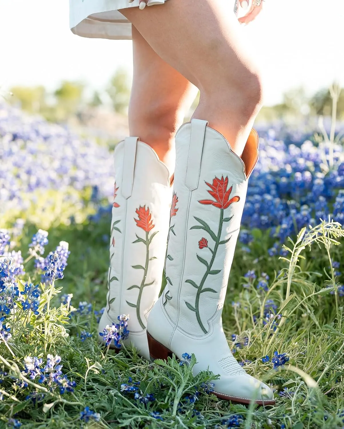 Cowboy Boots For Women, Cute Bluebonnet Floral Embroidered Fashion Country Boots Pointed Toe Chunky Heel Wide Calf Fancy Comfortable Pu Leather, Cowgirl Boots