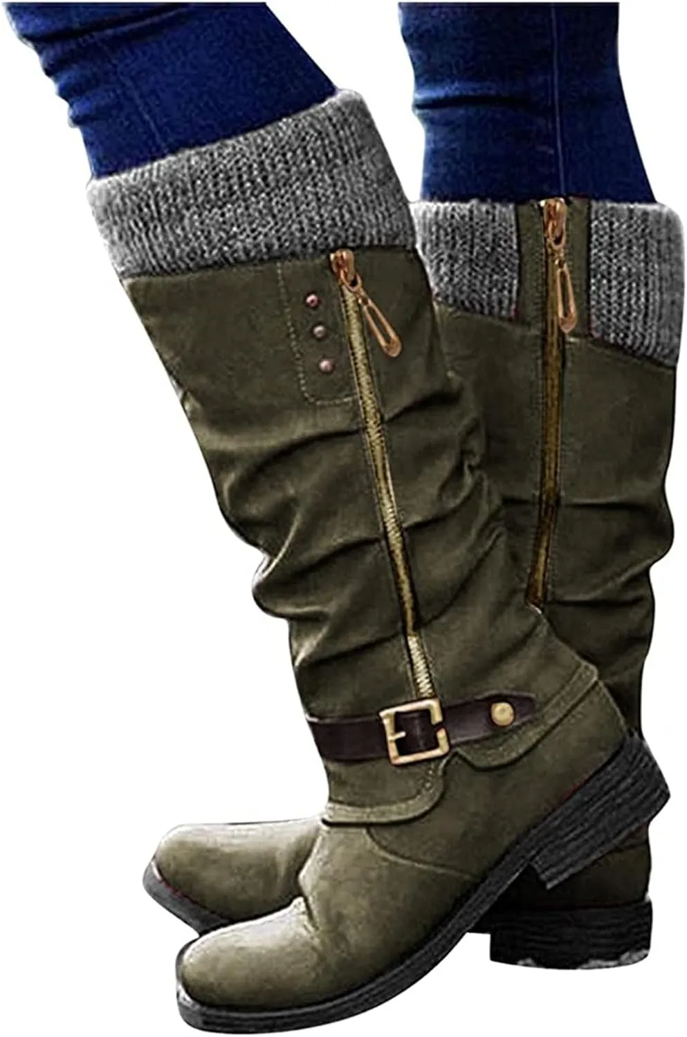 Fall 2024 Women's Wide Calf Mid-Calf Combat Boots, Square Toe, Side Zipper, Low Heel, Motorcycle Biker Boots, Size 8