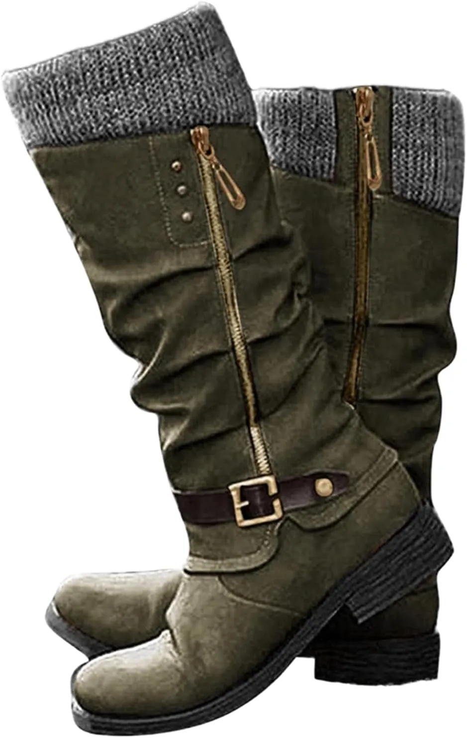 Fall 2024 Women's Wide Calf Mid-Calf Combat Boots, Square Toe, Side Zipper, Low Heel, Motorcycle Biker Boots, Size 8
