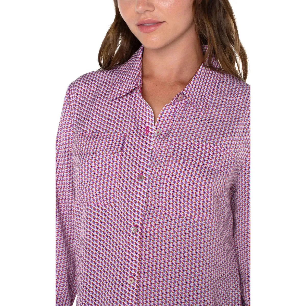 Flap Pocket Button Front Woven Blouse in Fuchsia Geo Print