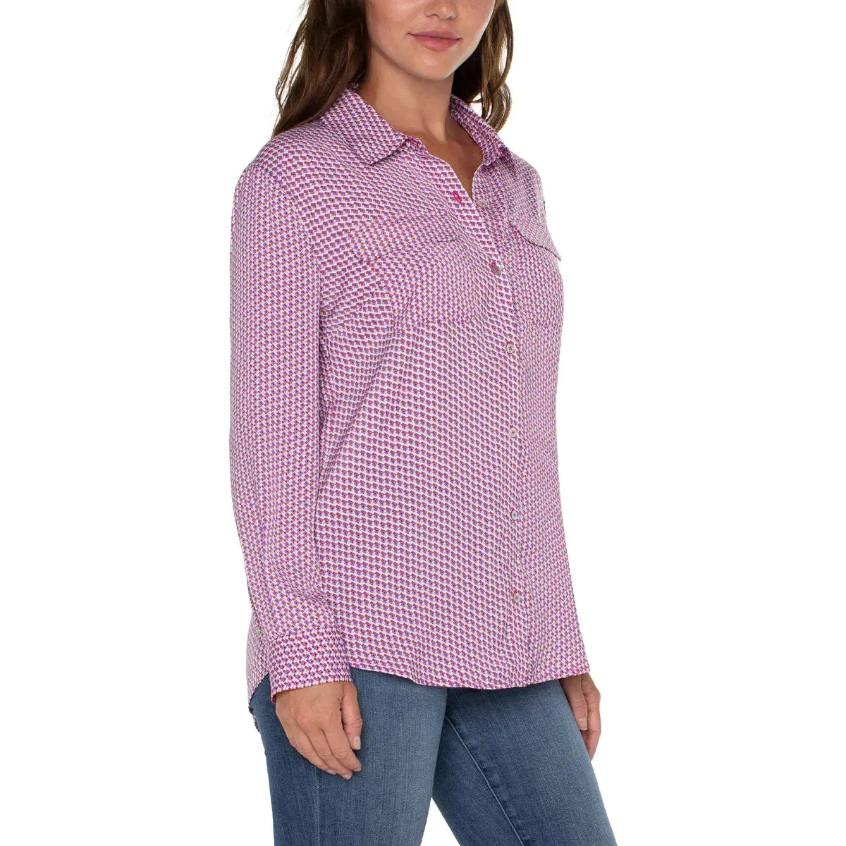 Flap Pocket Button Front Woven Blouse in Fuchsia Geo Print
