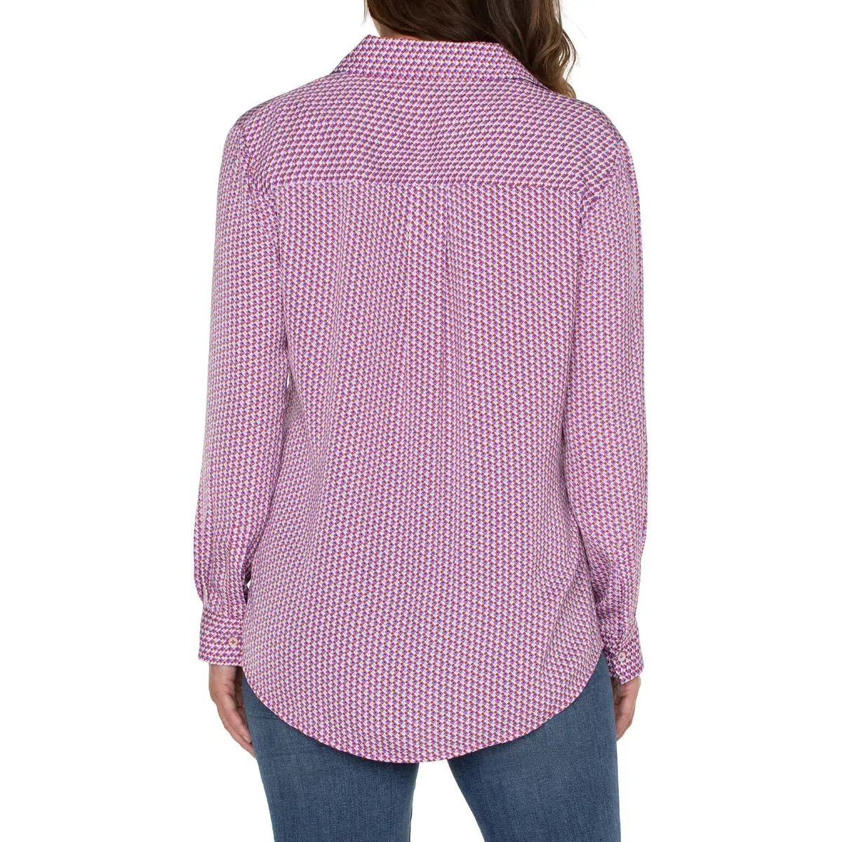 Flap Pocket Button Front Woven Blouse in Fuchsia Geo Print