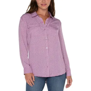Flap Pocket Button Front Woven Blouse in Fuchsia Geo Print