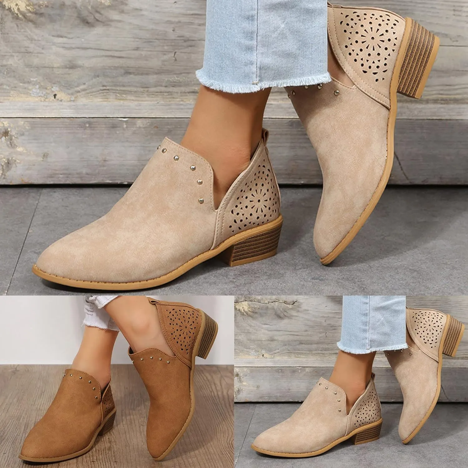 Gibobby Ankle Booties for Women V Cut,Chelsea Boots Slip on Ankle Boots Chunky Pointed Toe Cutout Low Heel Shoes