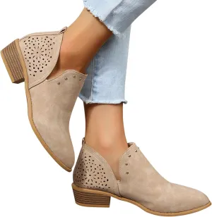Gibobby Ankle Booties for Women V Cut,Chelsea Boots Slip on Ankle Boots Chunky Pointed Toe Cutout Low Heel Shoes