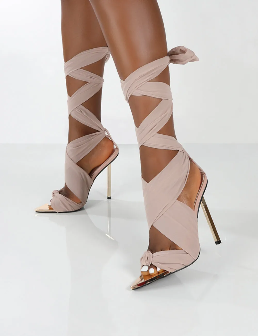 Huni Nude Ribbon Tie Up Gold Stiletto Heels
