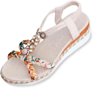 Ladies Weave Round Toe Elastic Band Summer Slope Heel Thick Soled Wedges Sandals Womens Shoes Sandals