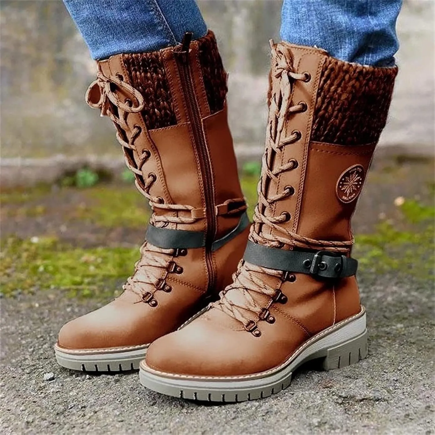 Ladmiple Ankle Boots Women Comfort Mid Calf Combat Riding Fashion Winter Booties Side Zipper Low Heel Motorcycle Military Biker Boots