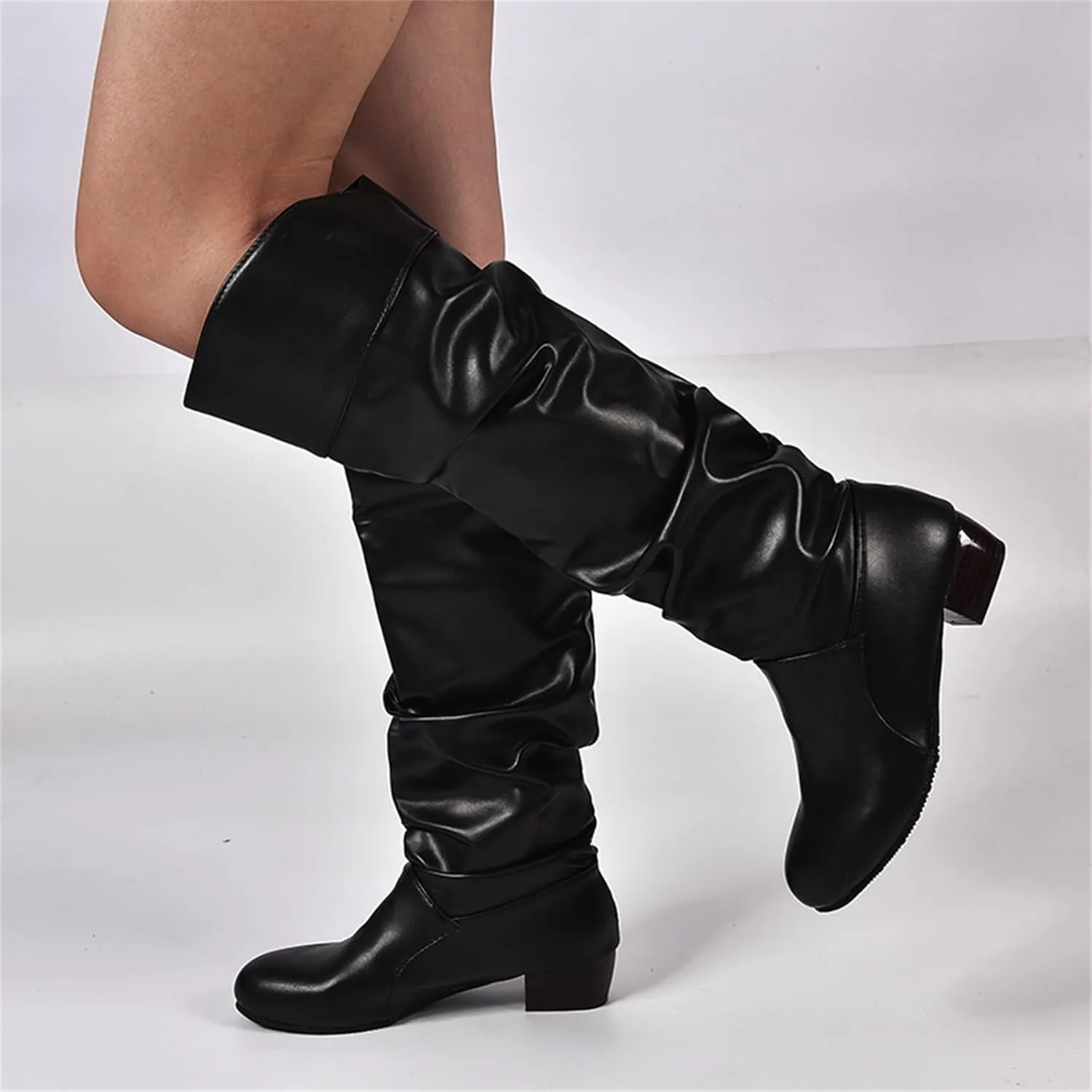 Ladmiple Fall Boots Women Knee High Wide Calf Cone Heel Slouchy Western Cowboy Cowgirl Boots Party Fashion Dress Shoes