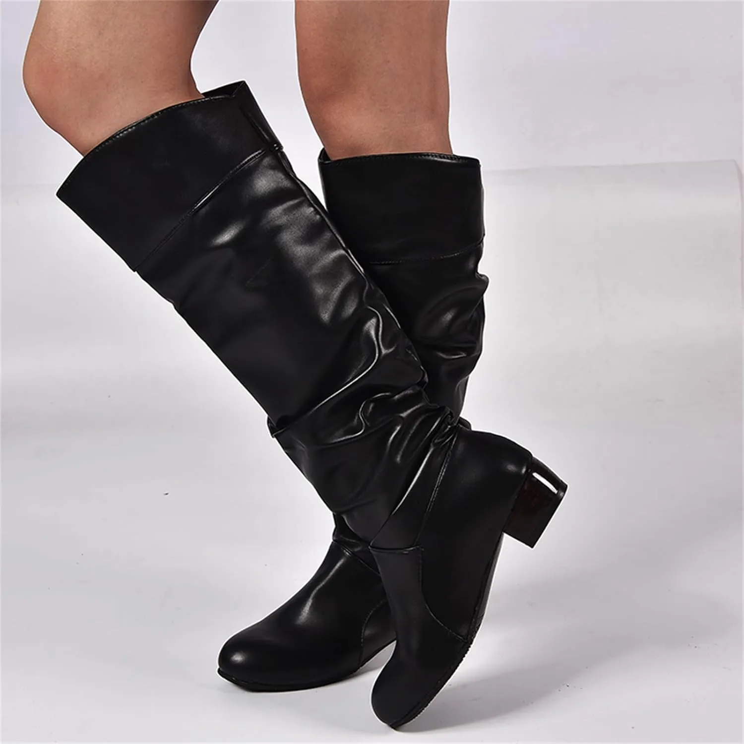 Ladmiple Fall Boots Women Knee High Wide Calf Cone Heel Slouchy Western Cowboy Cowgirl Boots Party Fashion Dress Shoes