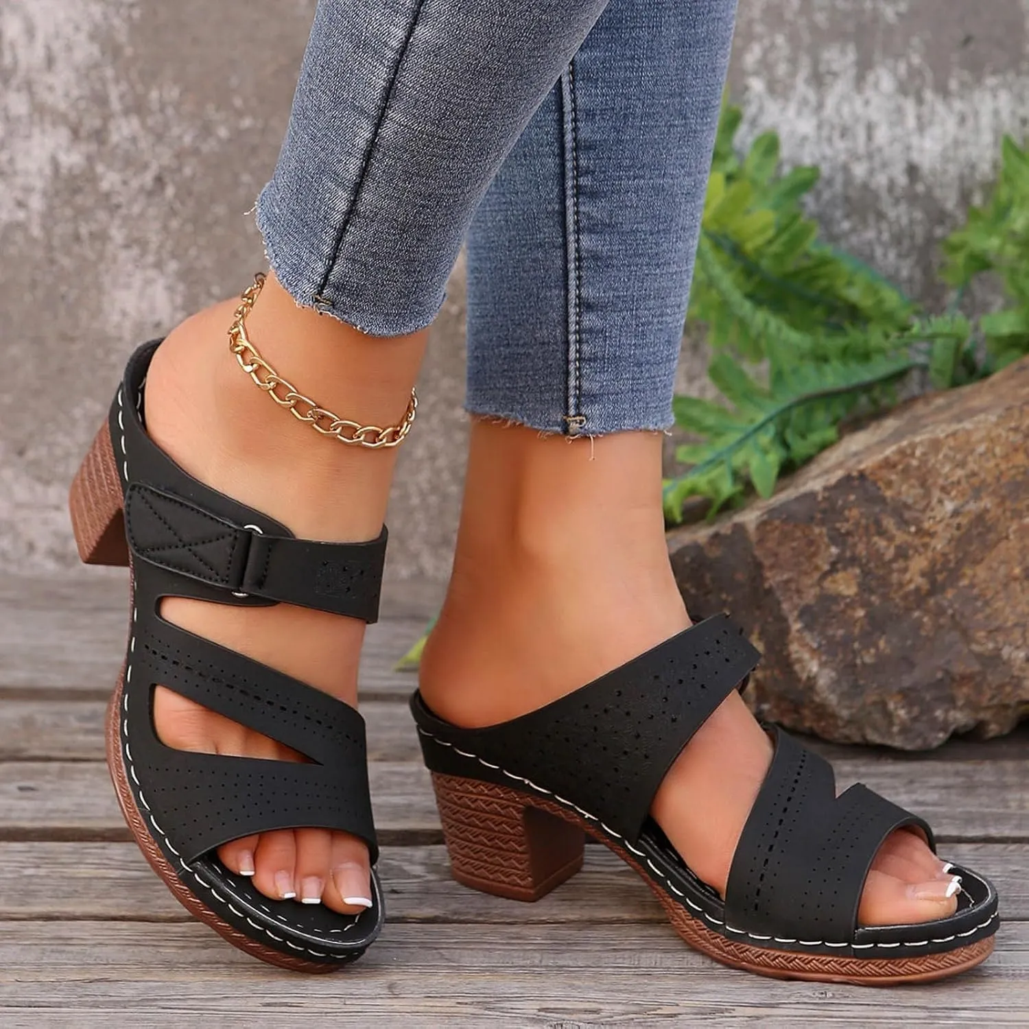 Low Block Chunky Heels Sandals for Women 2025 Sexy Platform Heels for Women Boho Comfortable Open Toe Sandals Summer Casual & Party Sandal Adjustable Slide Walking Shoes Summer Slippers 2025