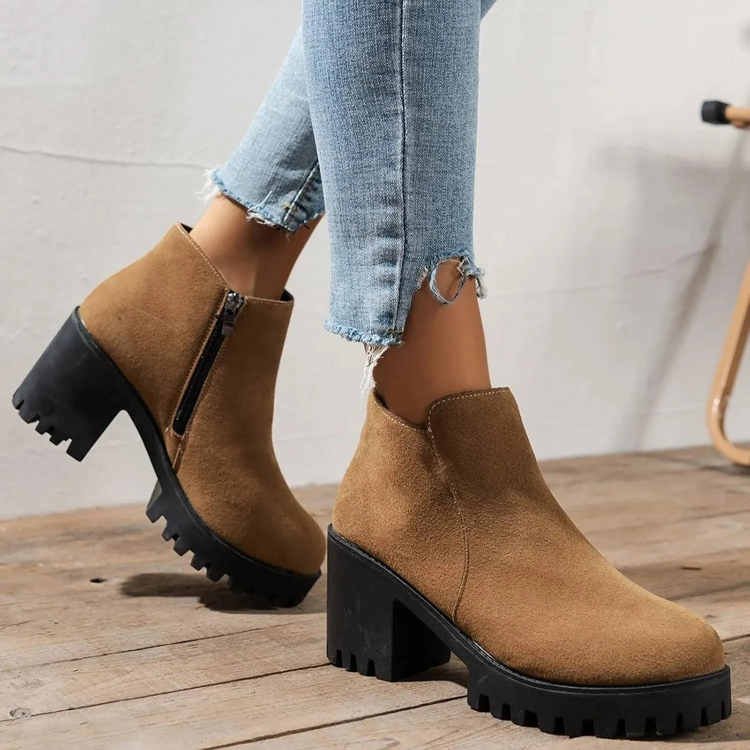 Platform Ankle Boots for Women Round Toe Chunky Block Heel Chelsea Boots High Heels Boots Fashion Fall Heeled Short Boots Shoes Casual Elastic Lug Sole Non-Slip Shoes Slip On Outdoor Boots