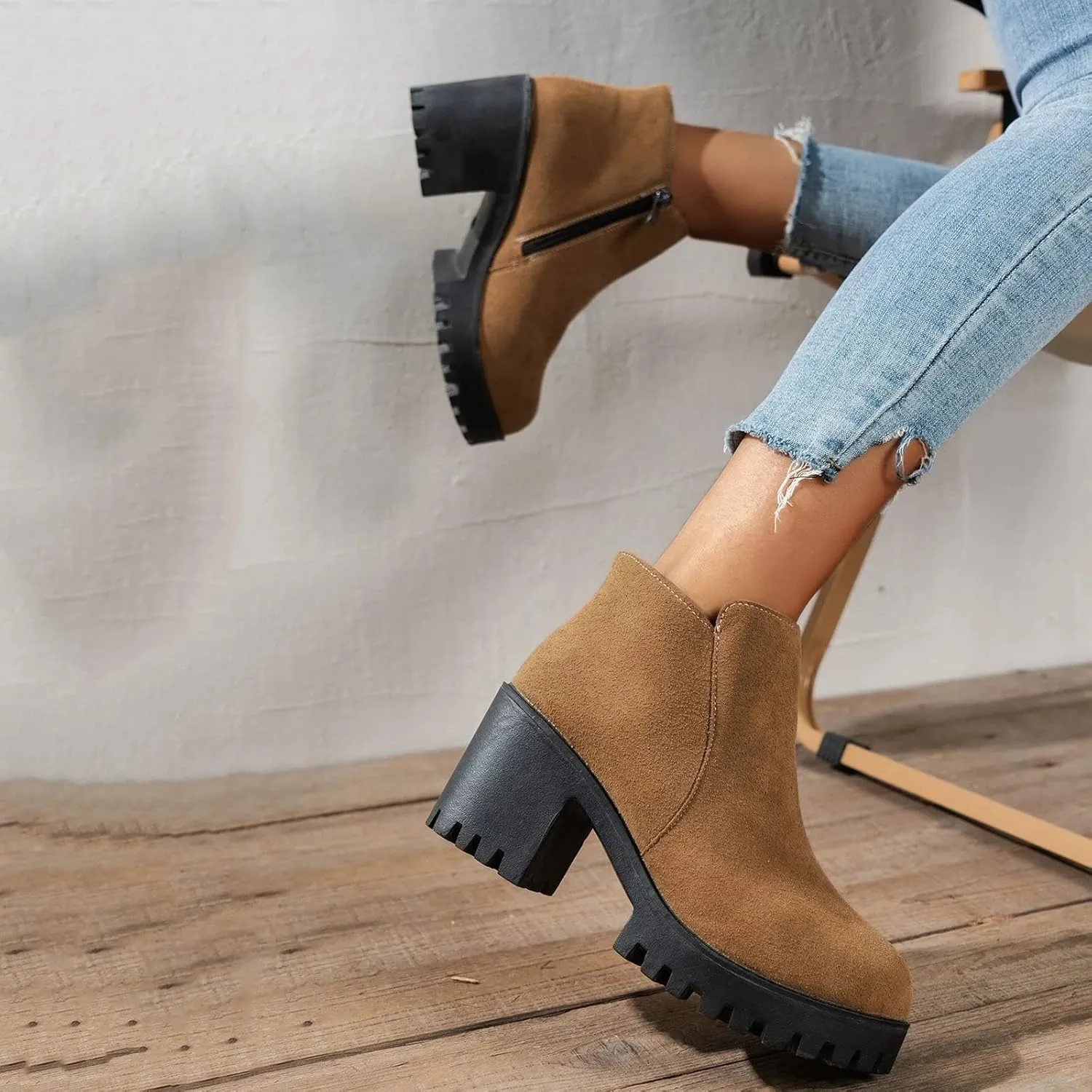 Platform Ankle Boots for Women Round Toe Chunky Block Heel Chelsea Boots High Heels Boots Fashion Fall Heeled Short Boots Shoes Casual Elastic Lug Sole Non-Slip Shoes Slip On Outdoor Boots