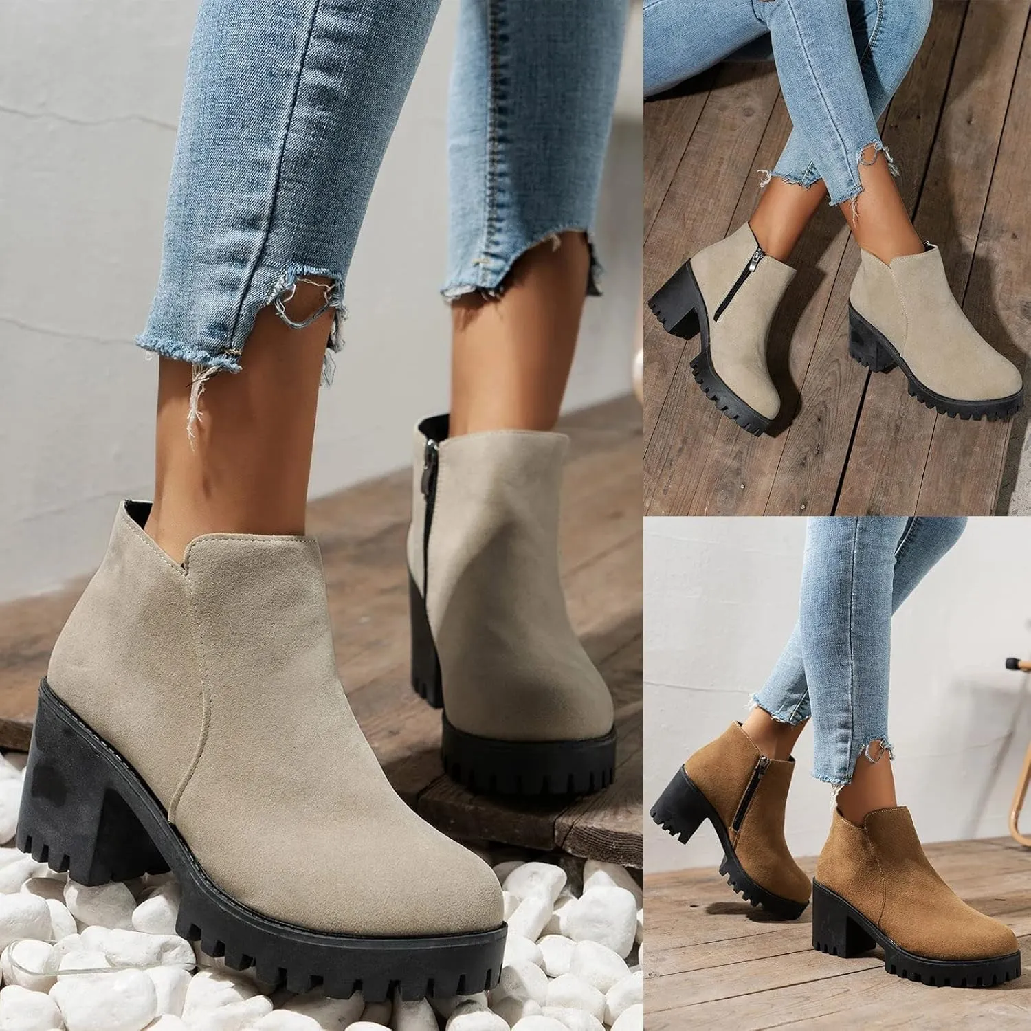 Platform Ankle Boots for Women Round Toe Chunky Block Heel Chelsea Boots High Heels Boots Fashion Fall Heeled Short Boots Shoes Casual Elastic Lug Sole Non-Slip Shoes Slip On Outdoor Boots