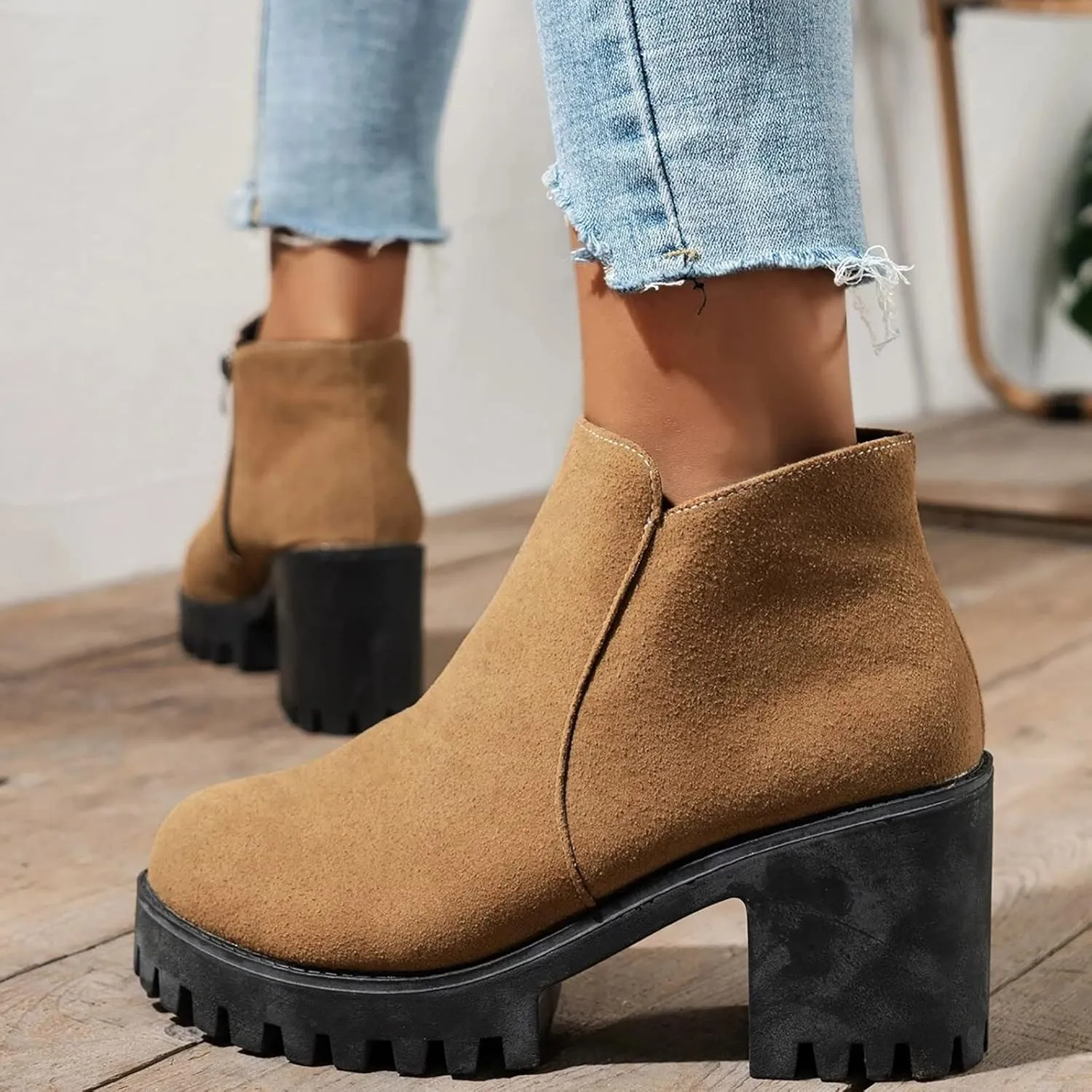 Platform Ankle Boots for Women Round Toe Chunky Block Heel Chelsea Boots High Heels Boots Fashion Fall Heeled Short Boots Shoes Casual Elastic Lug Sole Non-Slip Shoes Slip On Outdoor Boots