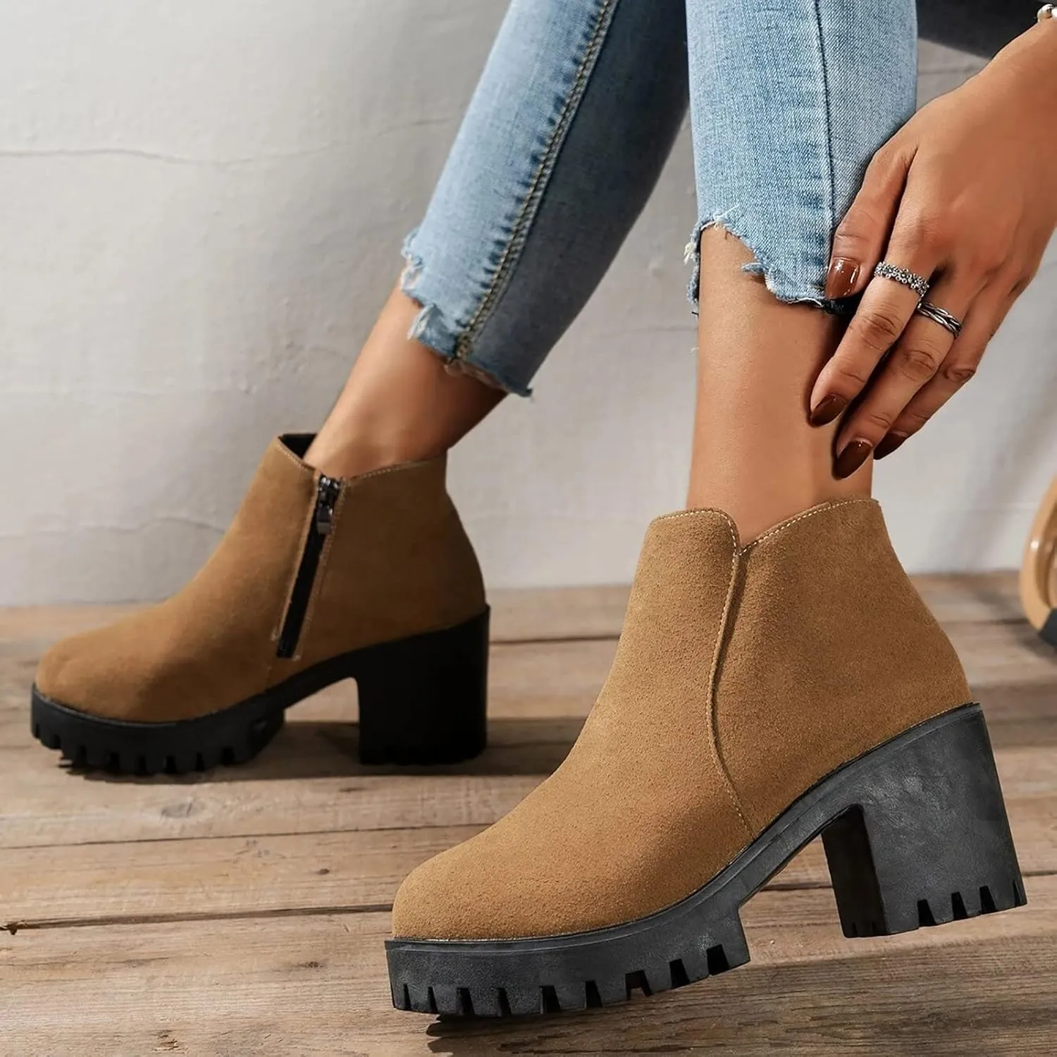 Platform Ankle Boots for Women Round Toe Chunky Block Heel Chelsea Boots High Heels Boots Fashion Fall Heeled Short Boots Shoes Casual Elastic Lug Sole Non-Slip Shoes Slip On Outdoor Boots