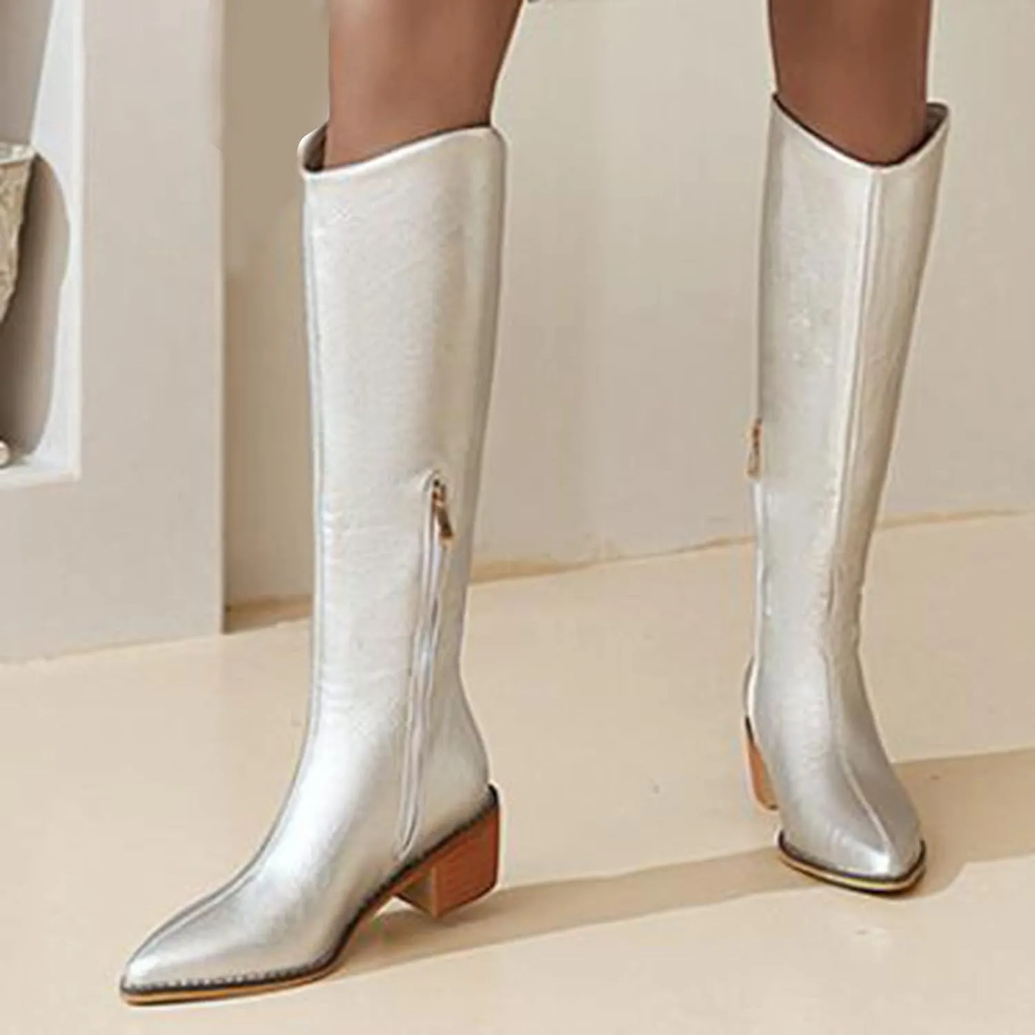 Platform Boots for Women Knee Boots Pointed Toe Side Zipper Comfortable Square Heel Chunky Heel Fall and Winter Shoes