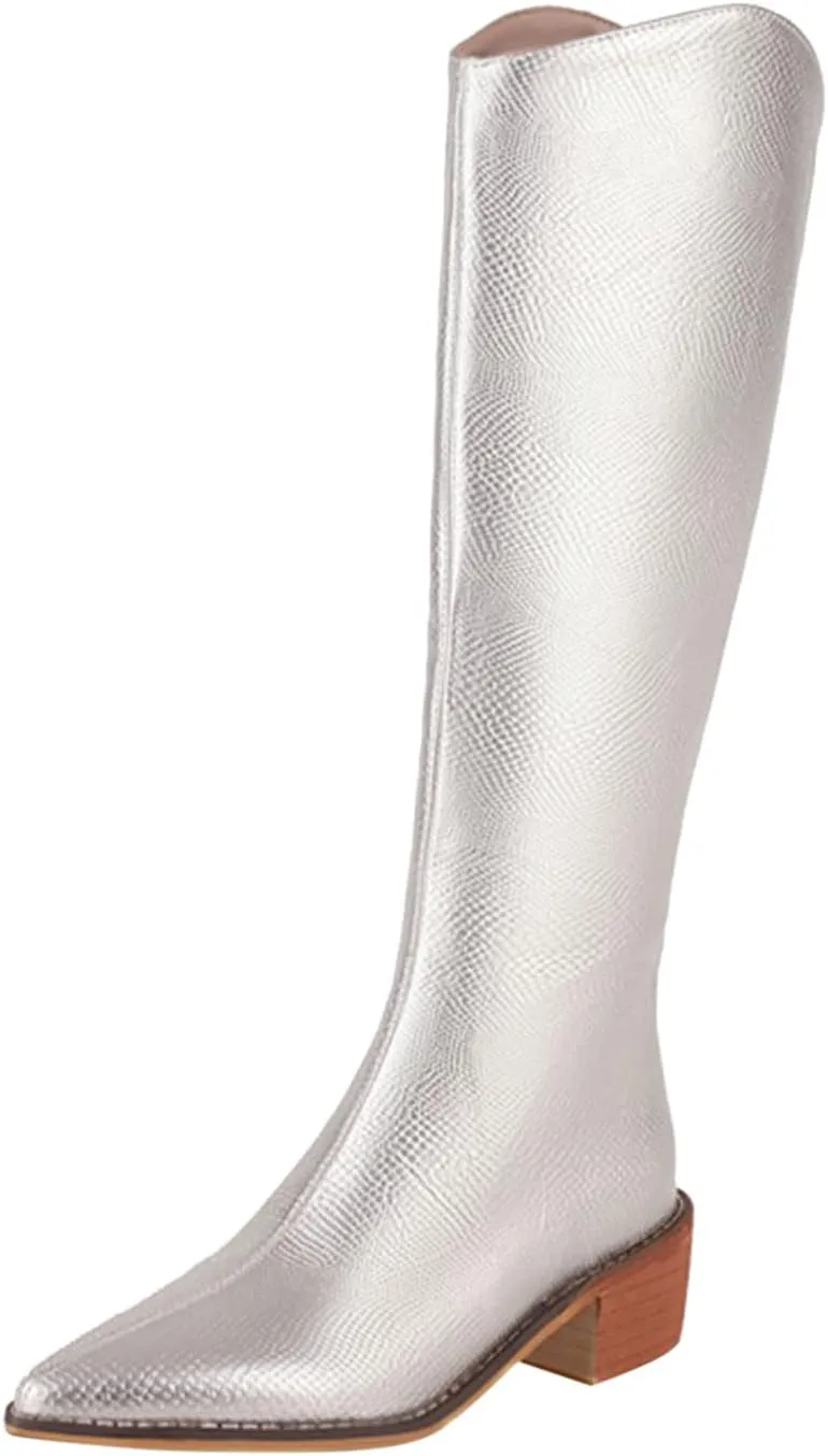 Platform Boots for Women Knee Boots Pointed Toe Side Zipper Comfortable Square Heel Chunky Heel Fall and Winter Shoes