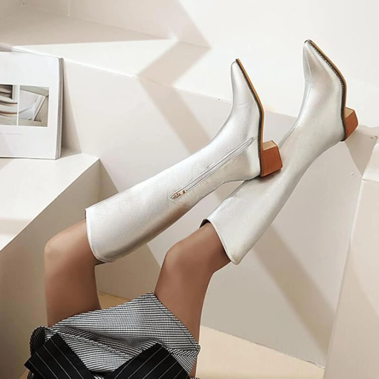 Platform Boots for Women Knee Boots Pointed Toe Side Zipper Comfortable Square Heel Chunky Heel Fall and Winter Shoes