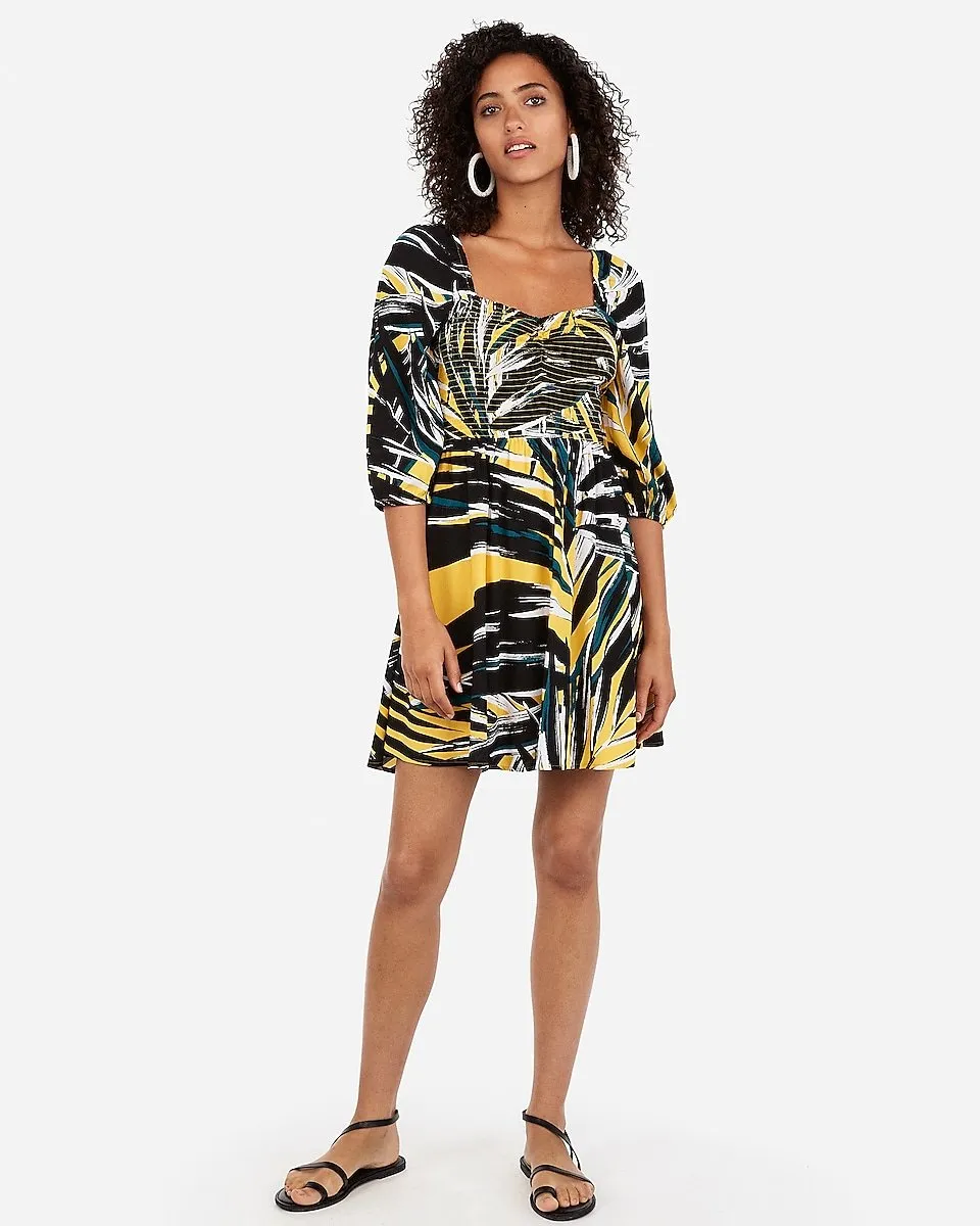 Tropical Print Fit And Flare Dress in Print-Black