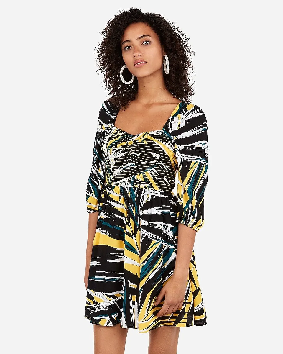 Tropical Print Fit And Flare Dress in Print-Black