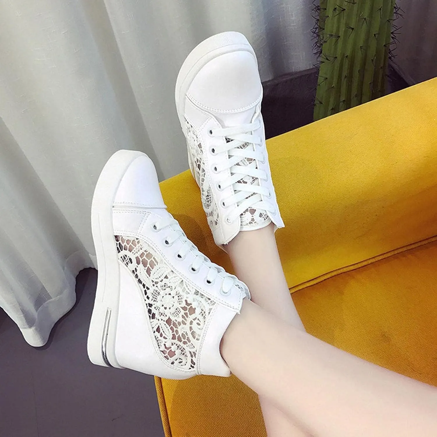 Women Wedges Sneakers with Hidden Heel Lace Crochet Lace up Chunky Bottom High Heels Canvas Shoes Loafers