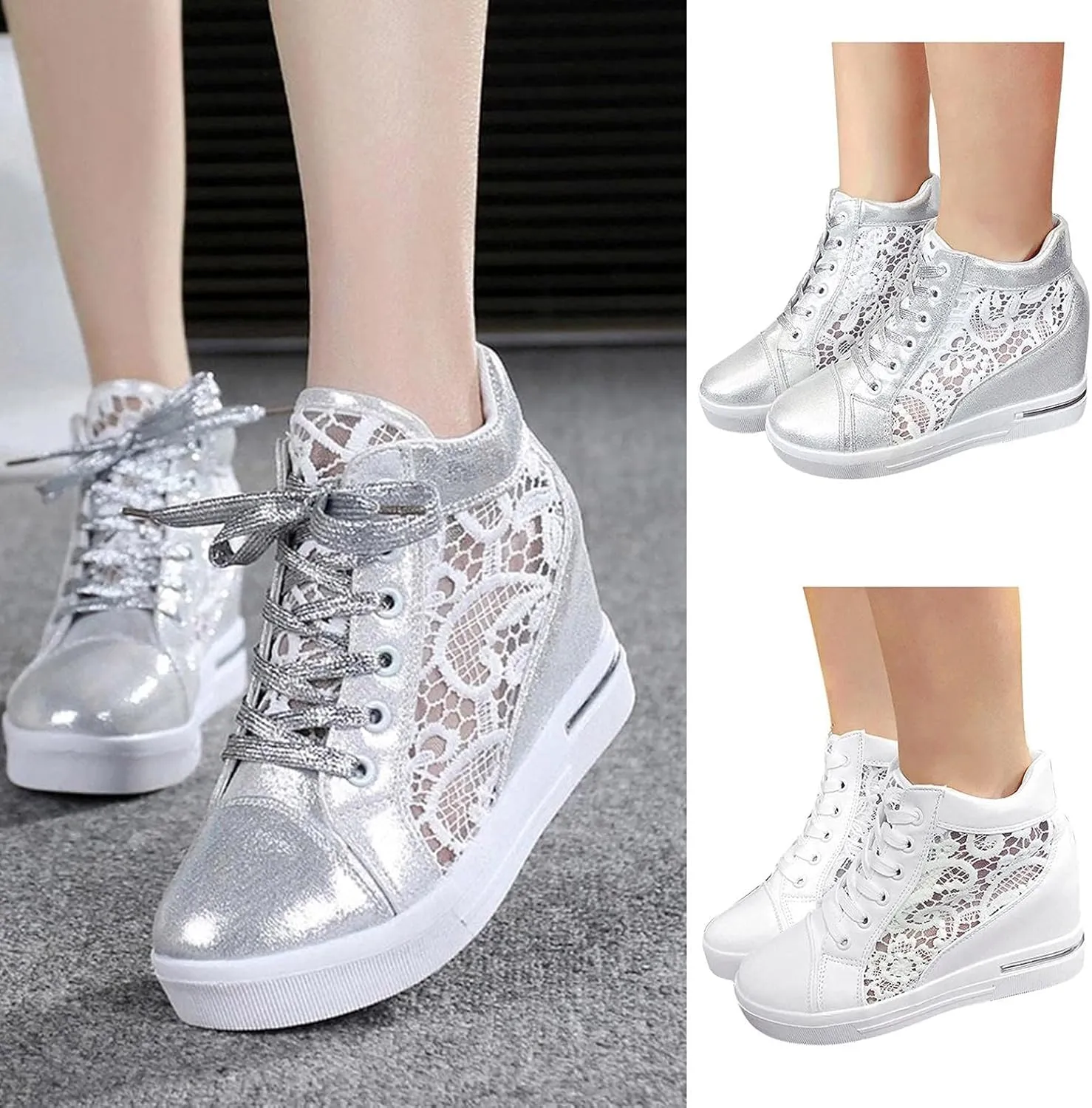 Women Wedges Sneakers with Hidden Heel Lace Crochet Lace up Chunky Bottom High Heels Canvas Shoes Loafers