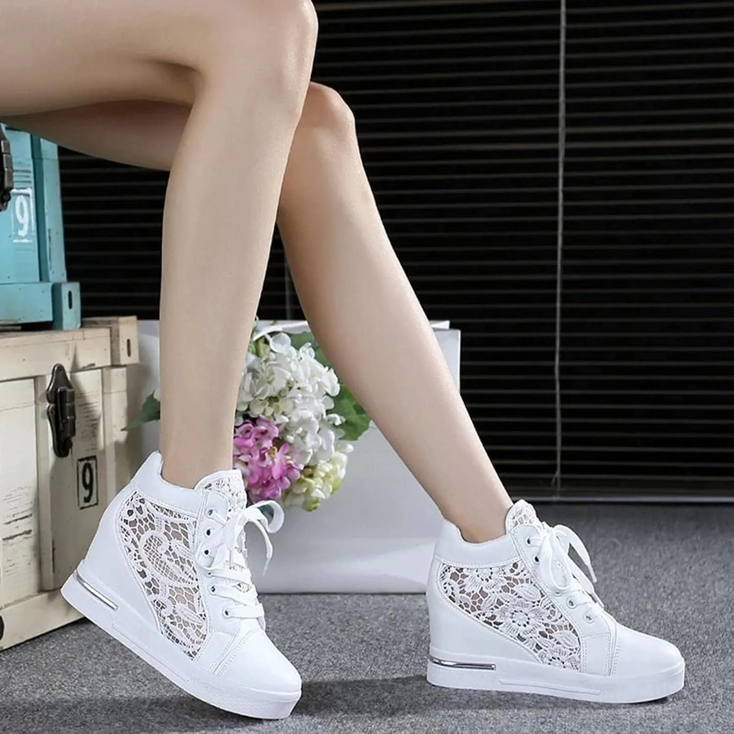 Women Wedges Sneakers with Hidden Heel Lace Crochet Lace up Chunky Bottom High Heels Canvas Shoes Loafers