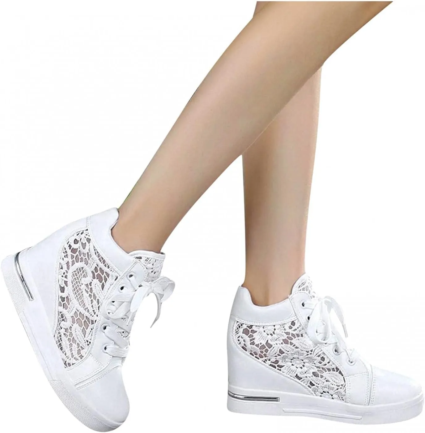 Women Wedges Sneakers with Hidden Heel Lace Crochet Lace up Chunky Bottom High Heels Canvas Shoes Loafers